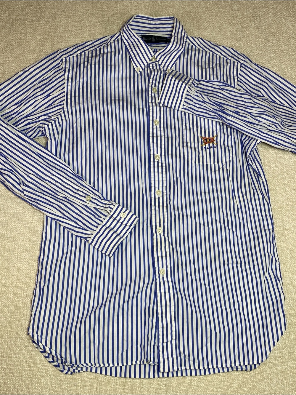 Ralph Lauren Shirt Mens M Blue Stripe Embroidered Pocket Crest Oxford Pennant